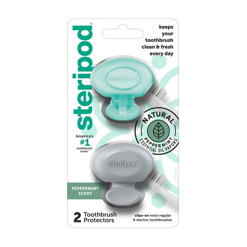 Steripod Clip-On Toothbrush Protector with Peppermint Essential Oils, Keeps Toothbrush Fresh and Clean, Travel Accessories, Fits Most Manual and Electric Toothbrushes, 2 Count Teal,grey Essentail Oil - Peppermint - BeesActive Australia