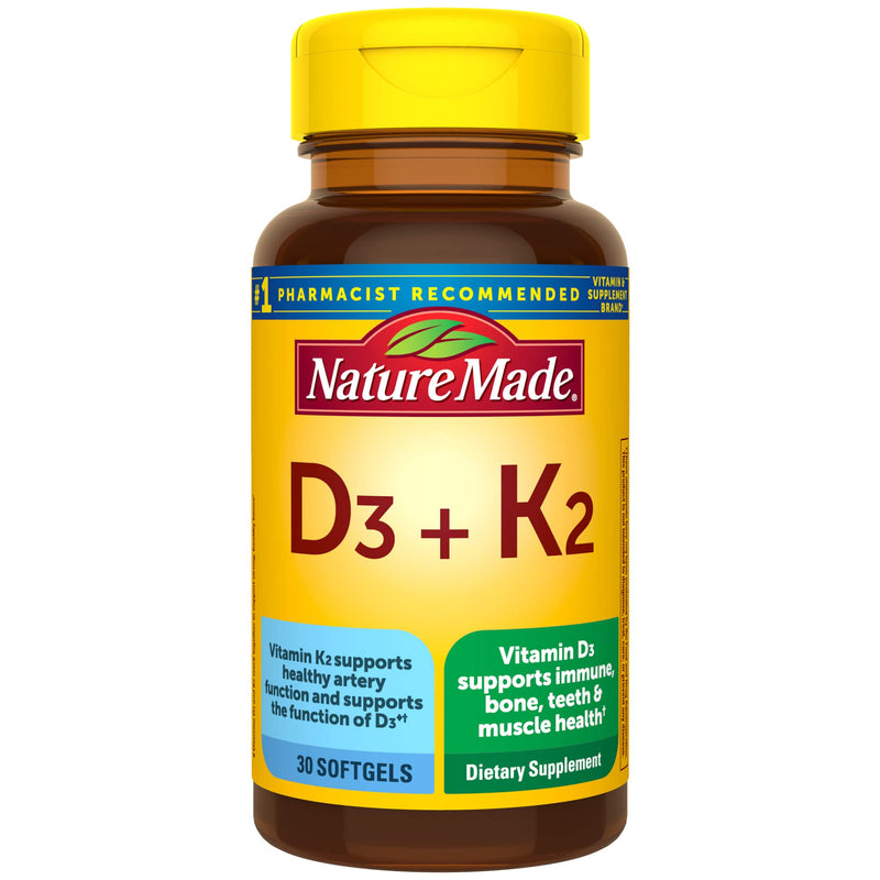 Nature Made Vitamin D3 K2, 5000 IU (125 mcg) Vitamin D, Dietary Supplement for Bone, Teeth, Muscle and Immune Health Support, 30 Softgels, 30 Day Supply Unflavored 30 Count (Pack of 1) - BeesActive Australia