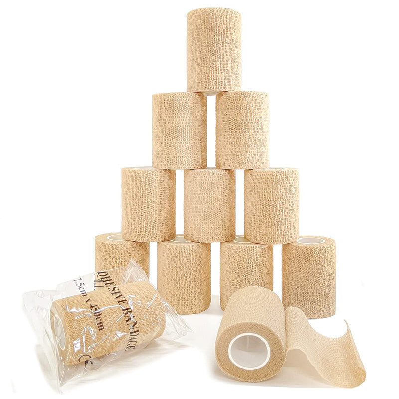 Self Adhesive Bandage Wrap(12 Pack, 3 Inch x 5 Yards), First Aid Medical Cohesive Bandage Tape, Breathable Elastic Sports Athletic Tape Wrap for Ankle, Wrist, Knee, Foot Sprains & Swelling(Tan) Brown - BeesActive Australia