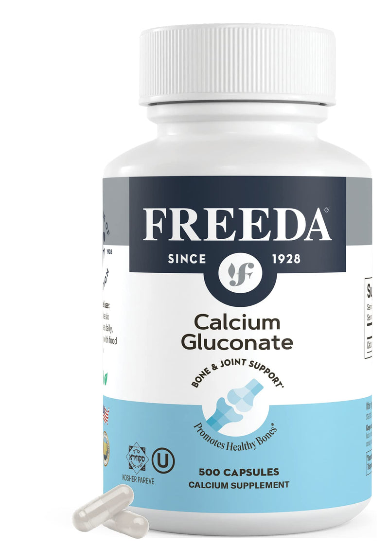 FREEDA Calcium Gluconate Supplement for Bone & Joint Support – 500 Capsules | Supports Teeth & Muscle Health – Pure Calcium w/o Vitamin D – Gentle on Stomach, Easy-to-Digest, Kosher, Vegan, Made in USA 500 Count (Pack of 1)