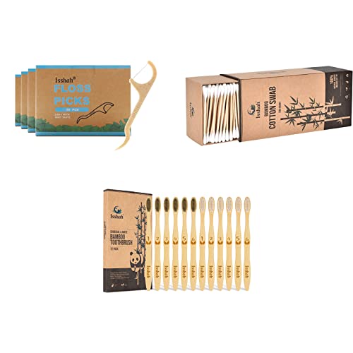 Isshah Bamboo Charcoal Toothbrushes 12 Count with Natural Dental Floss Picks 200 Count & Bamboo Cotton Swabs 500 Count