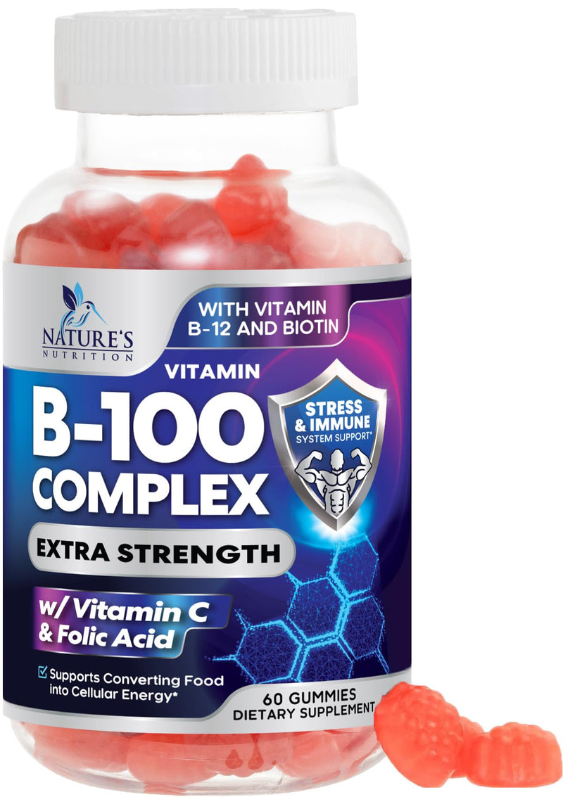 Vitamin B Complex Gummies - Extra Strength Super B Vitamin Gummy with Vitamin C, Immune Support for Men & Women - Energy and Brain Support Supplements with Folic Acid, Niacin, B6, B12 - 60 Gummies 60 Count (Pack of 1)