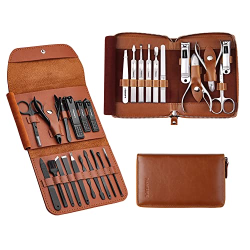 FAMILIFE Professional Manicure Kit Nail Clippers Set 11 in 1 Stainless Steel Pedicure Tools Kit Grooming Kit and 16pcs Gifts for Men Stainless Steel Portable Brown Leather Nail Kit Mens Gifts