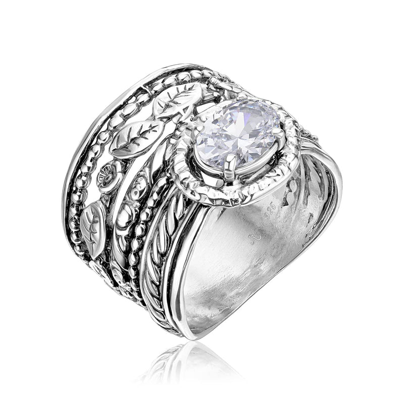 925 Sterling Silver Ring with White Cubic Zirconia CZ Oval Shape Prong, Multiple Bands Rich Stack Look, Hypoallergenic, Nickel and Lead-free, Artisan Handcrafted Designer collection, Made In Israel 5 - BeesActive Australia