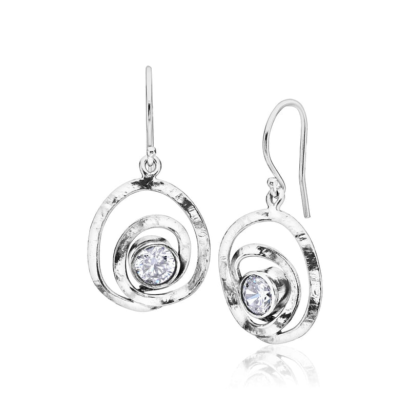 925 Sterling Silver Dangle Drop Earrings Free Form With 2 White Round Cubic Zirconia Antique Finish French Wire Back Earrings Hypoallergenic, Nickel and Lead-free, Artisan Handcrafted Designer collection - BeesActive Australia