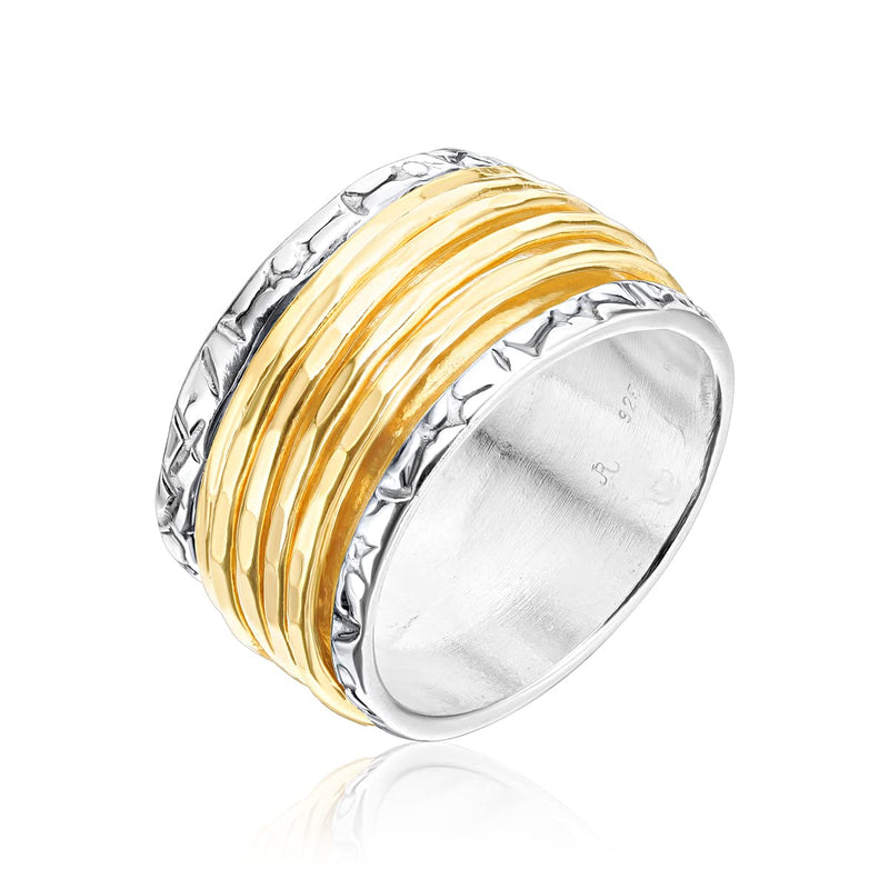925 Sterling Silver Rotating Spinner Ring With 5 One Micron 14K Gold Plated Sterling silver Hammered Spinner Rings, Hypoallergenic, Nickel and Lead-free, Artisan Handcrafted Designer Collection, Made in Israel 11 - BeesActive Australia