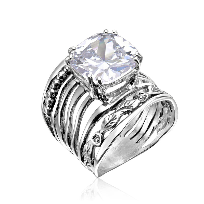 925 Sterling Silver Ring With a 12mm White Cushion Cubic Zirconia CTTW 13.2. Prong Hypoallergenic, Nickel and Lead-free, Facet Cut, Artisan Handcrafted Designer Collection, Made in Israel 8 - BeesActive Australia