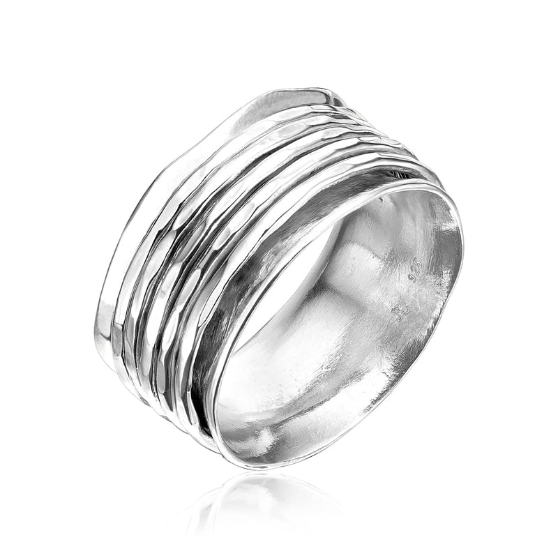 925 Sterling Silver Rotating Spinner Band Ring Wrapped With 5 Black/Silver Hammered Spinner Rings, Stylish, Hypoallergenic, Nickel and Lead-free, Artisan Handcrafted Designer Collection, Made in Israel Hammered 5 Silver spinner ring - BeesActive Australia