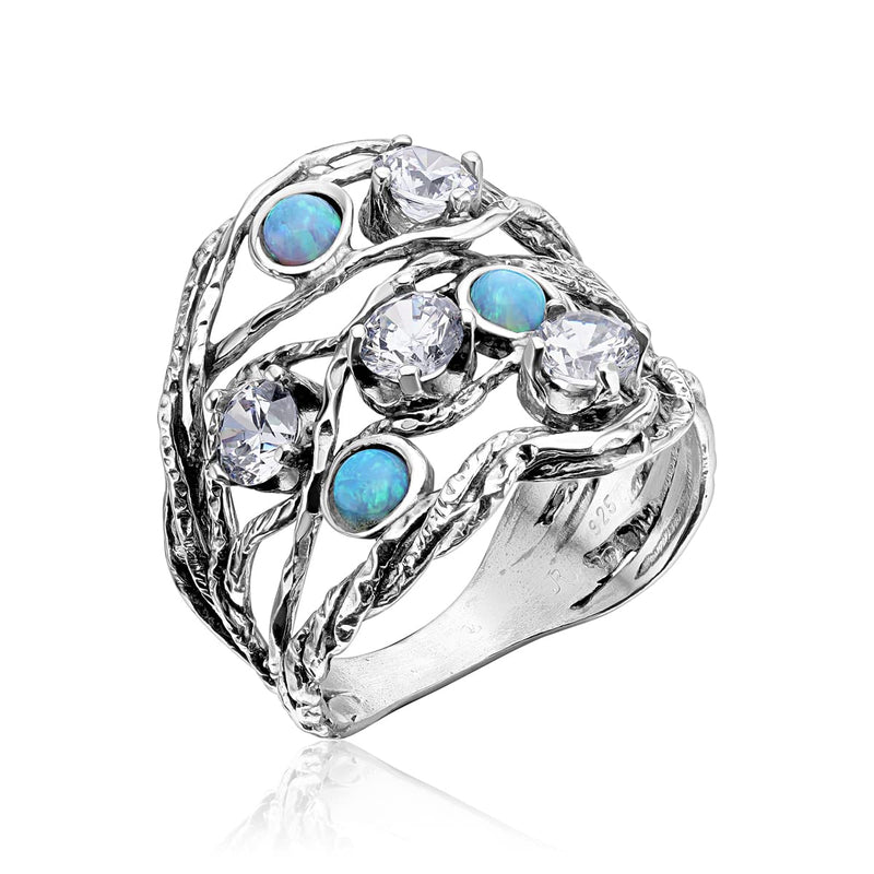 925 Sterling Silver Ring With 3 Blue Round Opal and 4 White Round Cubic Zirconia, Boho Chic Vintage Look, Hypoallergenic, Nickel and Lead-free, Artisan Handcrafted Designer collection, Made In Israel 6 - BeesActive Australia