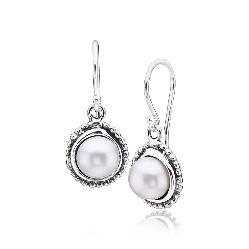 925 Sterling Silver Dangle Drop Earrings w/Freshwater Pearl Nested in Beaded Bezel Antique Finish, Stylish, Hypoallergenic, Nickel & Lead-free, June Birthstone, French Wire Back, Made In Israel - BeesActive Australia