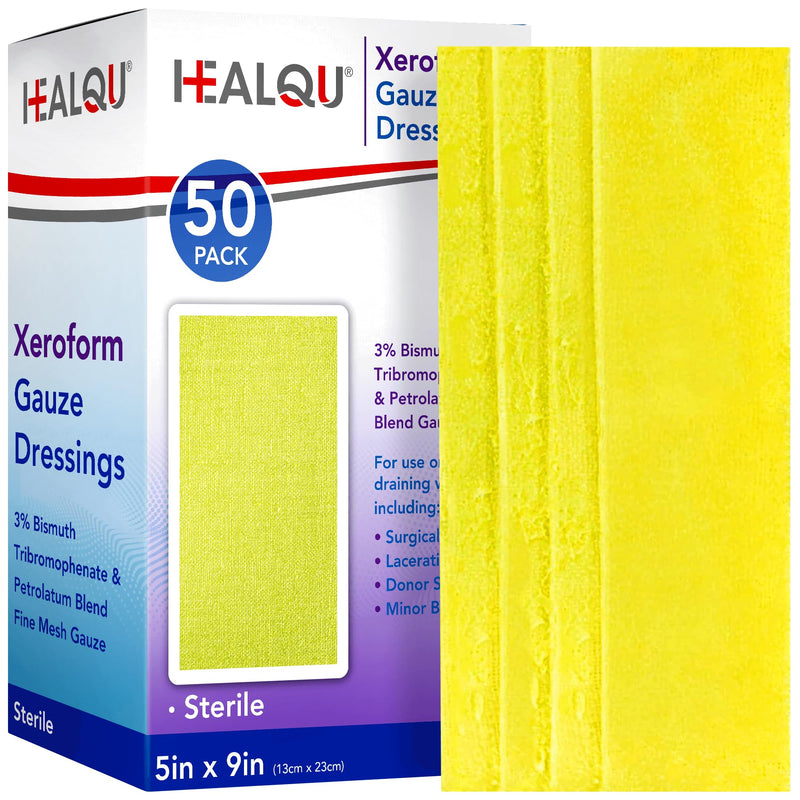 HEALQU Medical Xeroform Petrolatum Dressing - Non-Adherent Gauze Pad for Low Exudating Wounds - Soft Mesh Gauze Patch Sterile for Wound Care Lacerations, Burns & Skin Grafts (5"x9" (50 Pack)) 5"x9" (50 Pack)