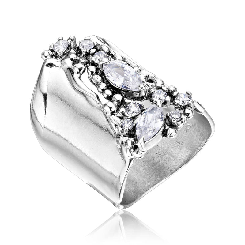 925 Sterling Silver Shield Ring With A White Round and Marquise Cubic Zirconia CZ , Floral Vintage Antique Look, Hypoallergenic, Nickel and Lead-free, Artisan Handcrafted Designer collection, Made In Israel 10 - BeesActive Australia