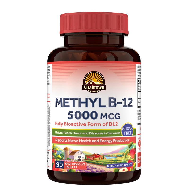 Vitalitown Vitamin B12 (Methyl B12) 5000 mcg, Fully Bioactive Form, Support Energy Production, Natural Peach Flavor, Zero Sugar, 90 Fast Dissolve Tablets 90 Count (Pack of 1)