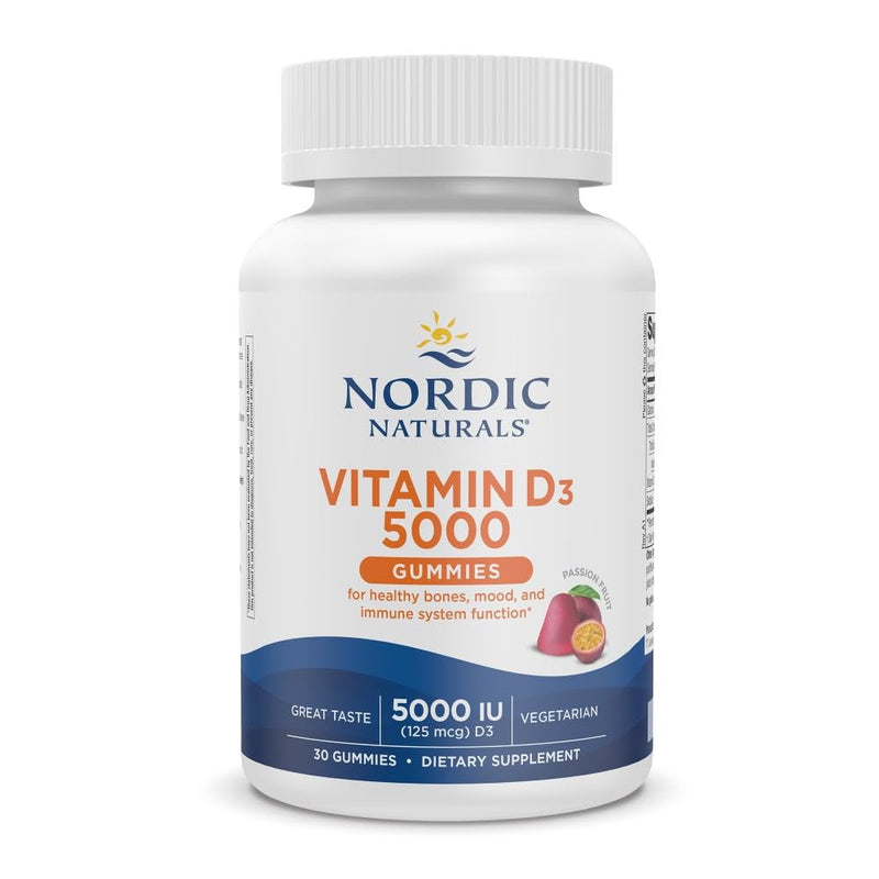 Nordic Vitamin D3 5000 IU Gummies, Bones Mood Immune Support - 30 Count | vitamin D3 per serving. Supports bone health, mood & immunity. Passion fruit gummies. Vegetarian, Non-GMO. 30 count.