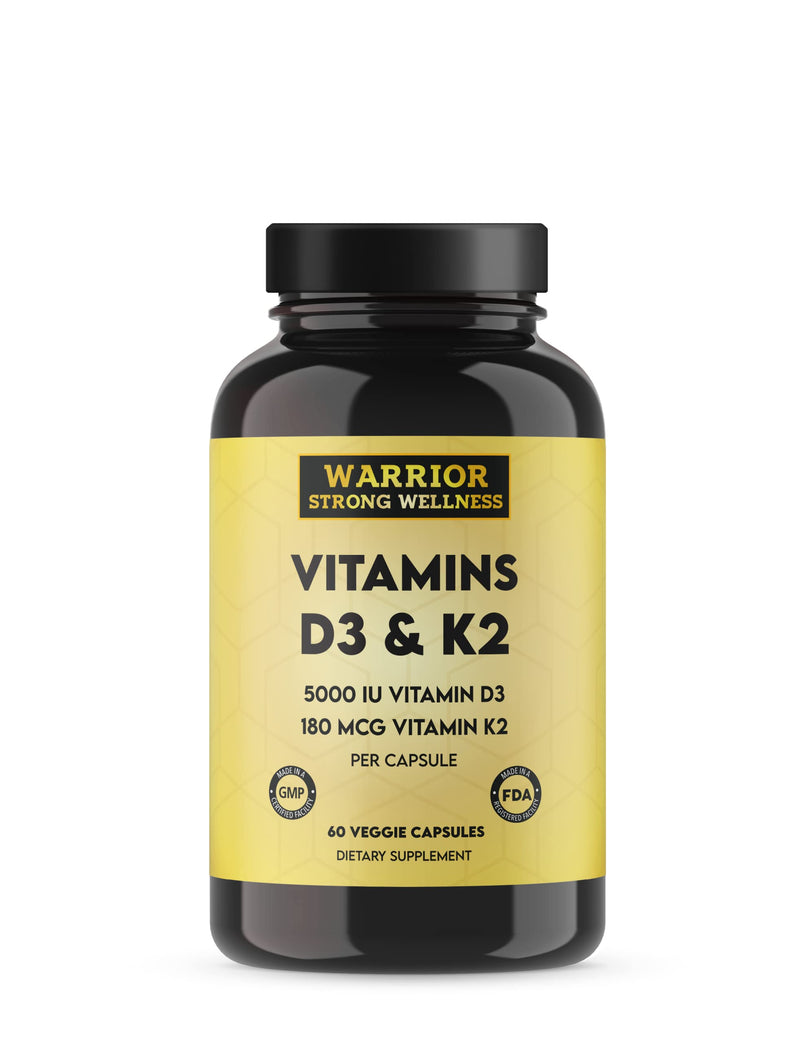 Vitamin D3 and K2 Supplement, 60 Capsules | 5000IU Vitamin D3, 180MCG Vitamin K2, Immune, Heart Health, 2 Month-Supply, Veggie Capsules
