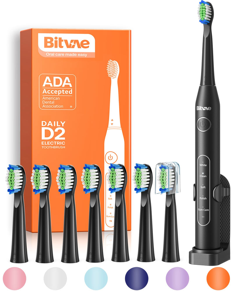 Bitvae Electric Toothbrush for Adults - Ultrasonic Electric Toothbrushes with 8 Brush Heads, ADA Accepted Power Rechargeable Toothbrush with 5 Modes, Smart Timer, Black D2 - BeesActive Australia