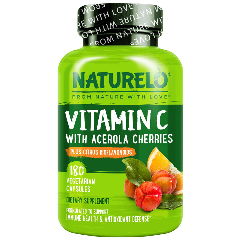 NATURELO Vitamin C 500 mg, Immune Support, Vegan, 180 Capsules | Organic acerola cherry extract, citrus bioflavonoids, Non-GMO, 500 mg VIT C per Cap 180 Count (Pack of 1)