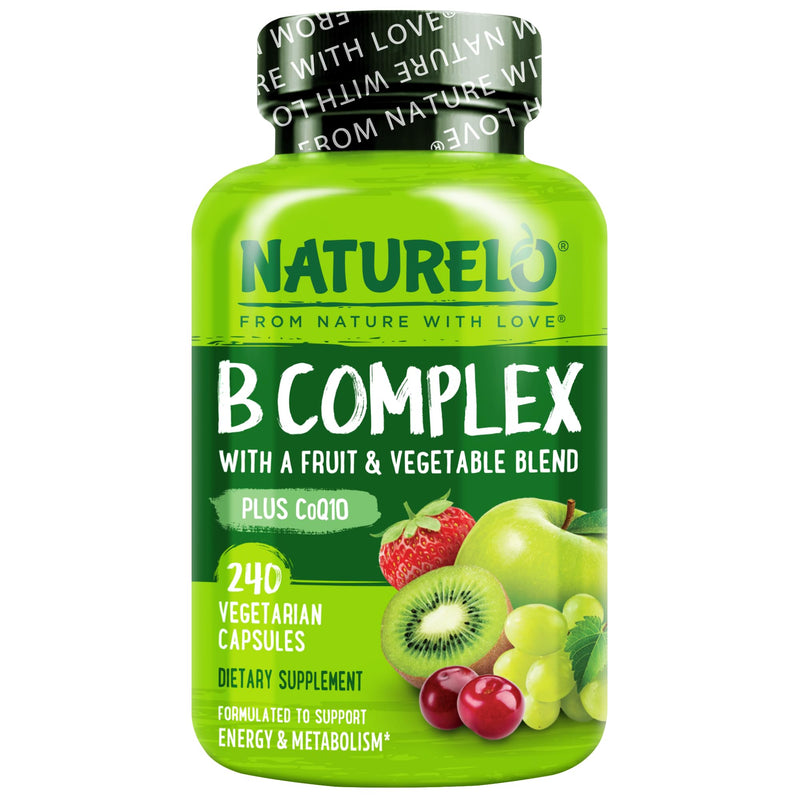 NATURELO Vitamin B Complex, 240 Capsules, Vegan, CoQ10, Methyl Folate | Biotin, Fruit & Vegetable Blend, Supports Energy And Healthy Stress Response, Super B Complex Vitamins for Women and Men 240 Count (Pack of 1)