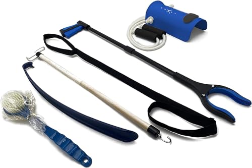 Hip Kit for Total Hip Replacement Prime Kit, Shoe Horn, Foldable 32" Grabber Tool, Dressing Stick & Sock Aide, Leg Lifter, Long Bath Sponge, Grabbers Elderly Reaching Tool, 6PC-Kit, Blue, by Luxet 6pc Hip Replacement Kit Blue