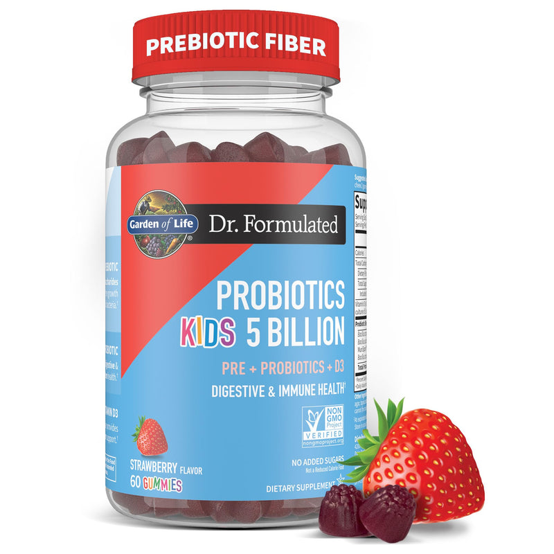 Garden of Life Dr Formulated 5 Billion CFU Prebiotic Fiber, Probiotic and Vitamin D3 Gummies for Kids Digestive & Immune Health – Gluten Free, Non GMO, No Added Sugars, Strawberry Flavor, 60 Gummies 60 Count (Pack of 1)