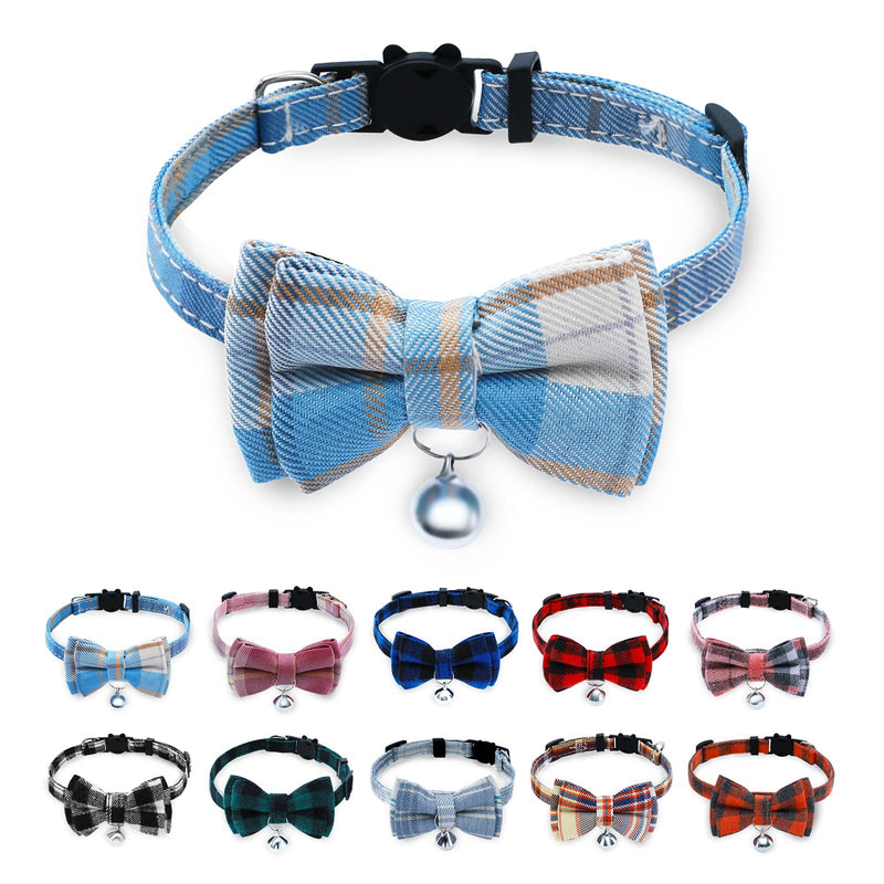 Breakaway Cat Collar with Cute Bow Tie and Bell, Cat Collars for Boy Cats and Girl Cats, Safety Kitten Collars, Stylish Plaid Patterns, 1 Pack Light Blue 7-11'' (pack of 1) 1pc Light-Blue - BeesActive Australia