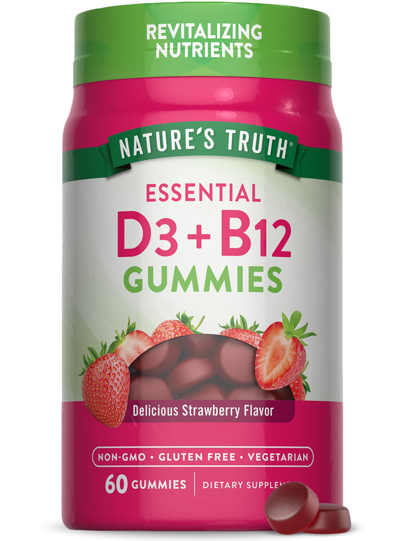 Nature's Truth Vitamin D3 and B12 Gummies for Adults | 60 Count | Strawberry Flavor | Vegetarian, Non-GMO & Gluten Free Supplement | Strawberry Flavor | Vegetarian, Non-GMO & Gluten Free Supplement 60 Count (Pack of 1)