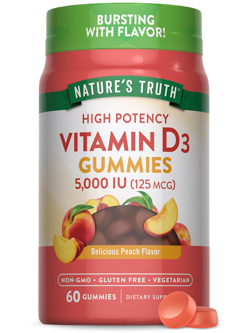 Nature's Truth Vitamin D3 Gummies | 5000 IU | 60 Count | Peach Flavor | Vegetarian, Non-GMO & Gluten Free Supplement | Vegetarian, Non-GMO & Gluten Free Supplement 60 Count (Pack of 1)