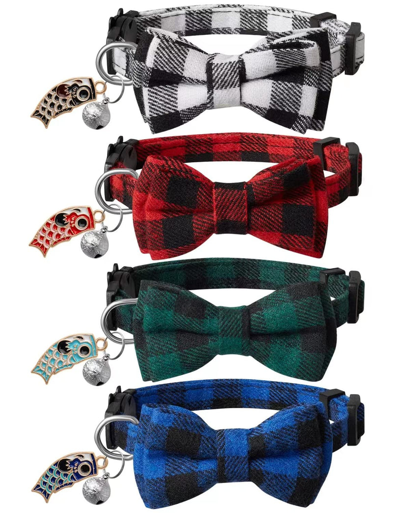 LLHK 4 Pack Small Fish Cat Collars with Bow Tie and Bell,Personalized Breakaway Kitten Collar for Girl boy Cats,Adjustable 7-12inch,Cute for Kitty Kitten Adult Cats,Pet Supplies,Stuff,Accessories Plaid - BeesActive Australia