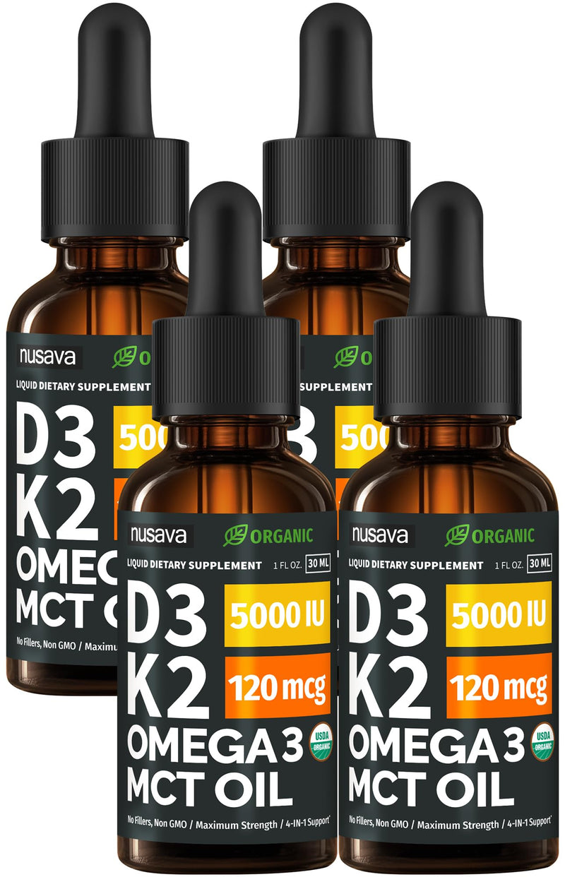 (4 Pack) Organic Vitamin D3 K2 Drops with MCT Oil & Omega 3 - Liquid Vitamin D3 5000 IU - K2 D3 Vitamin Supplement - Vitamin D Drops for Women & Men - No Fillers, Non-GMO, GMP, Unflavored (4 Fl Oz) Unflavored (Regular) 1 Fl Oz (Pack of 4)