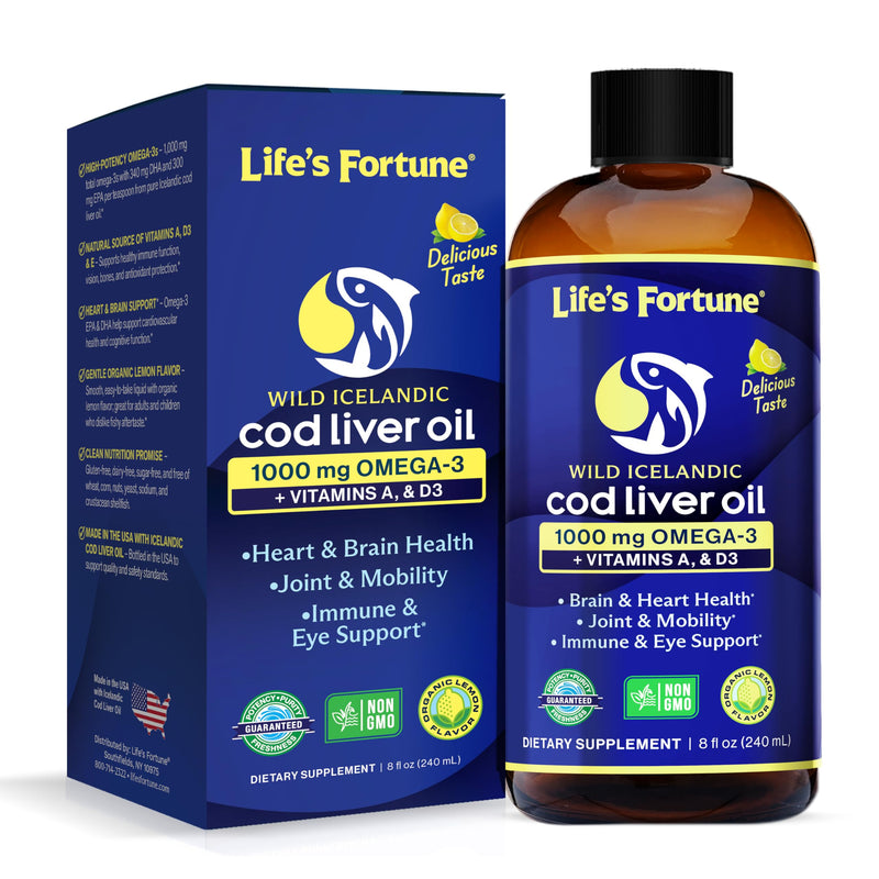 Life's Fortune Cod Liver Oil Liquid Organic Lemon Flavor (8 Oz) 1,000 mg Omega + Vitamin A, E & D3 - Supports Immune Health - 100% Fish Oil Supplement from Wild Ocean Cod-GMO Free 8 Fl Oz (Pack of 1)