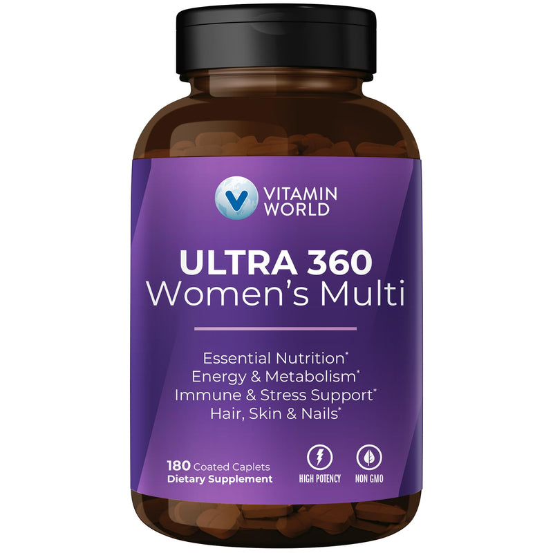 Vitamin World Ultra 360 Multivitamin for Women, Hair, Skin & Nails Support | Women's Multivitamin with Herbs & Collagen, Iron, Vitamin A, B, C, D, E for Energy & Immune Support, 180 Caplets 180 Count (Pack of 1)