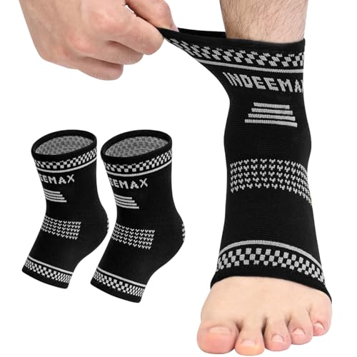 INDEEMAX Copper Ankle Brace for Women Men, Copper Infused Ankle Compression Support Sleeve for Plantar Fasciitis, Sprained Ankle, Achilles Tendonitis Brace, M Silver Black Medium