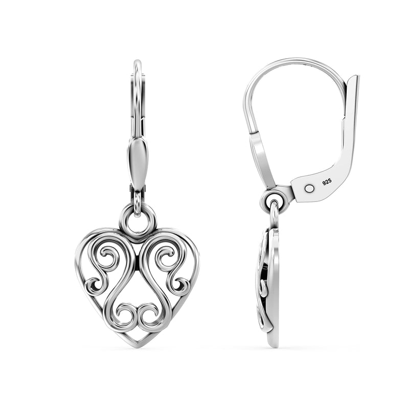 LeCalla 925 Sterling Silver Lever-Back Earring Lightweight Leverback Bohemia Teardrop Drop Dangle Earrings for Women Heart-Filigree AT - BeesActive Australia
