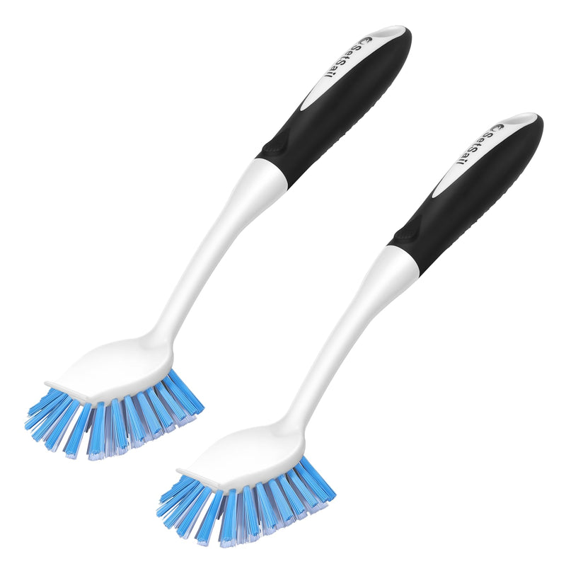 SetSail Dish Brush with Handle, 2 Pack Stiff Bristles Dish Scrubber with Built-in Scraper Dish Scrub Brushes for Cleaning Dishes, Pots and Pans, Kitchen Sink Black-blue - BeesActive Australia