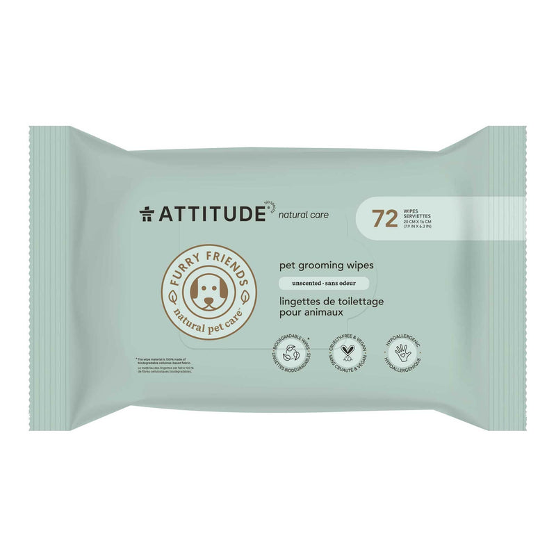 ATTITUDE Pet Grooming Wipes, Plant and Mineral-Based Ingredients, Vegan and Cruelty-Free Biodegradable Products, Unscented, 72 count - PawsPlanet Australia