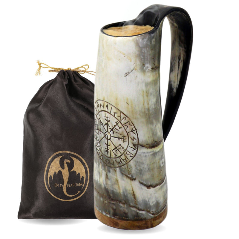 Viking Drinking Coffee Mug- 12oz| Gifts for Men & Women| Real Ox Horn| Food Grade Medieval| Hot and Cold Liquids| Engraved Natural Shine Finish (Compass) Coffee Viking, Natural