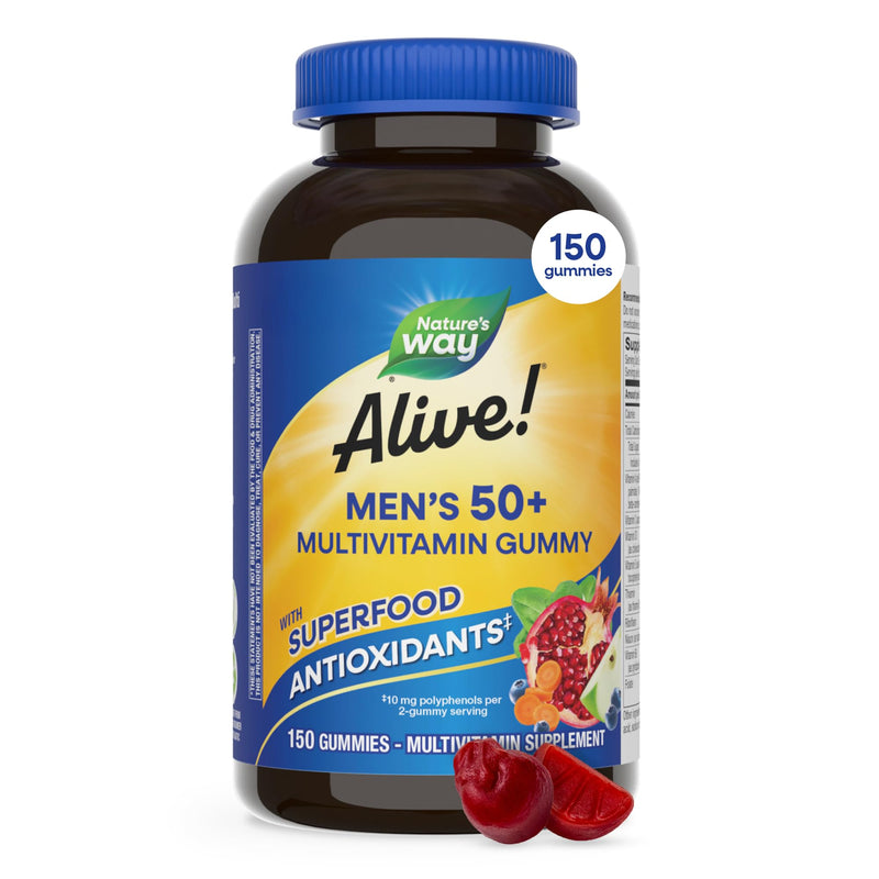 Nature's Way Alive! Men’s 50 Plus Multivitamin Gummy, Fruit-Flavored, 150ct | Daily Chewable Multivitamins for Men with B-Vitamins, Vitamin D3 & Zinc, Supports Heart, Eye & Energy Metabolism* 150 Count (Pack of 1)
