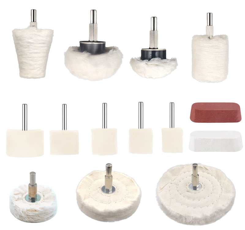 14 Pcs Polishing Wheel Kit for Drill - Buffing Pad Set With 2 Compounds and 5 Felt Wheels for Aluminum, Stainless Steel, Chrome, Metal, Glass, Car Detailing 14