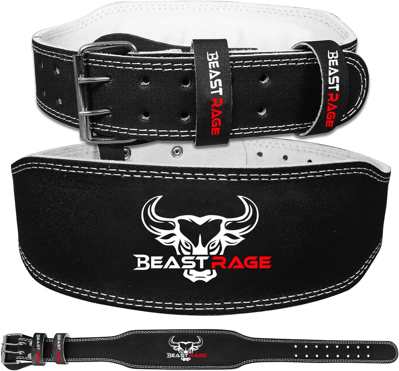 BEAST RAGE Weight Lifting Belt Leather Heavy Duty Gym Body Building Workout Training Weight Lifting Belt Adjustable Holes 4” Padded Lumbar Back Support Exercise Powerlifting Fitness Strength… L Black
