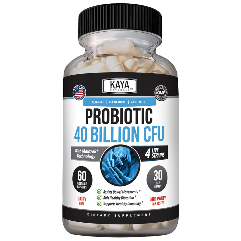 Kaya Naturals Probiotic 40 Billion CFU, Prebiotic, 4 Strains, 60 Capsules | 40 Billion CFU at Manufacture; 4 Probiotic Strains; Prebiotic FOS; MAKTREK Bi-Pass Technology; Gluten & Dairy Free 60 Count (Pack of 1)