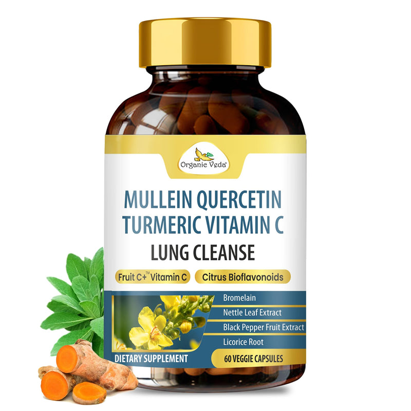 Organic Veda Mullein Quercetin Turmeric Lung Cleanse Capsules – 13 in 1 Herbal Lung Health Supplement with Bromelain, Ginger, Vitamin C – Respiratory Immune, Lung Detox for Smokers (60 Capsules) 60 Count (Pack of 1)
