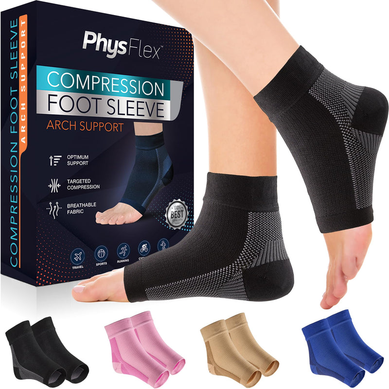 PhysFlex Compression Socks for Plantar Fasciitis, Achilles Tendonitis Relief - Ankle Compression Sleeve for Heel Spurs, Foot Swelling, Fatigue & Sprain - Arch Support Brace for Work, Gym, Sports Medium Black - BeesActive Australia