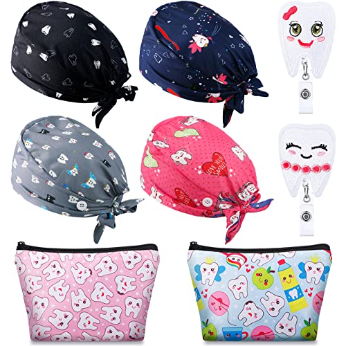 Saintrygo 8 Pcs Dental Scrub Caps Adjustable Nurse Hats Badge Reel Bag