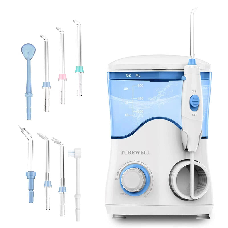 TUREWELL FC162 Water Dental Flosser for Teeth/Braces,10 Pressure Levels, 8 Water Jet Tips for Family, 600ML Electric Water Dental Oral Irrigator for Teeth Clean (White) White