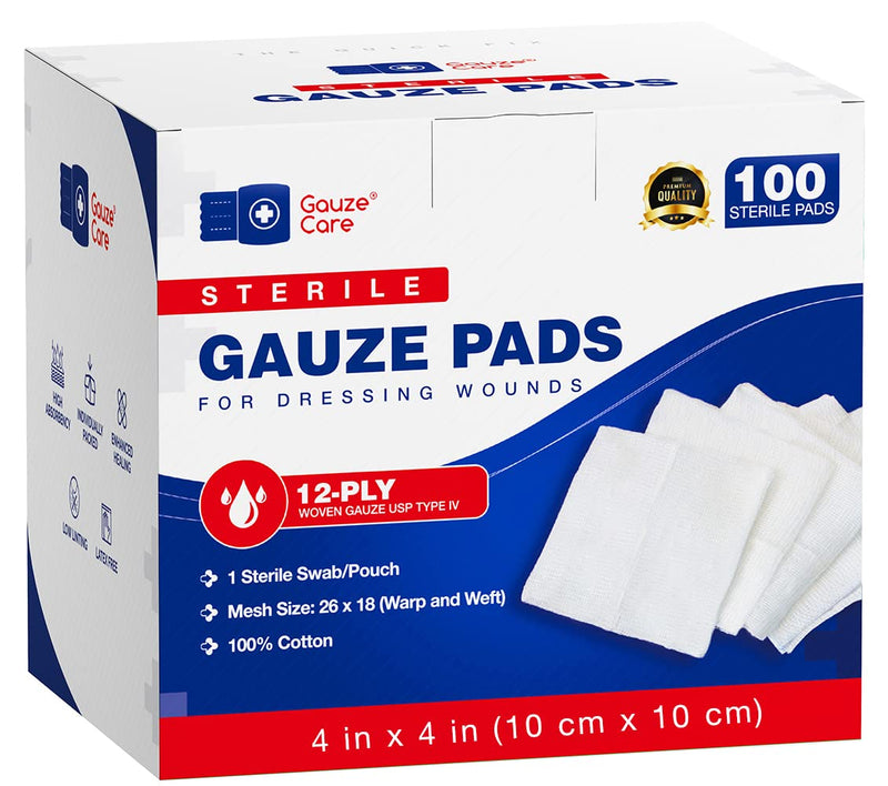 100pc Large Sterile Gauze Pads 4x4 Sterile for Wounds Bulk - 12ply Woven Gauze Sponges 4x4 Sterile - USP IV Thick Breathable Mesh 4x4 Gauze Pads Sterile for Enhanced Absorption - First Aid Medical Woven Gauze Pads 100% Cotton Woven 4"x4" 100 Count - BeesActive Australia