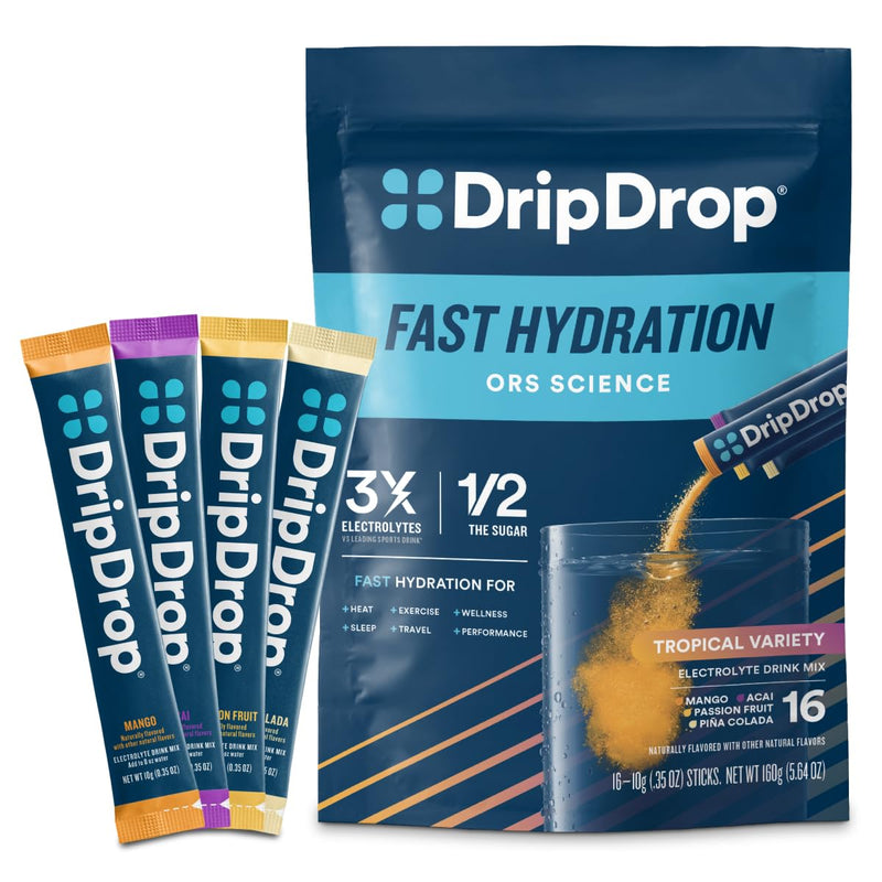 DripDrop Hydration Tropical Variety Pack, Electrolyte Packets, 16 Count | Mango, Açaí, Passion Fruit & Piña Colada; 3X Electrolytes, Vitamin C, Magnesium, Zinc; Single Serve Powder Drink Mix