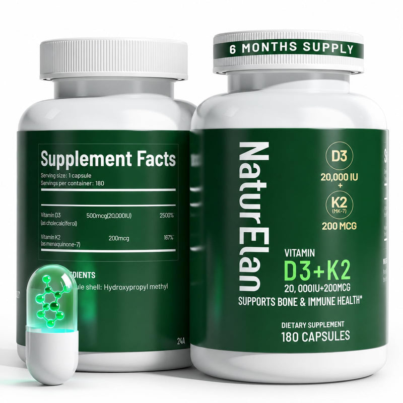 NaturElan Vitamin D3 K2-20,000 IU D3 + 200mcg K2(MK-7), 180 Capsules | Supports Bone, Immune, Heart & Teeth Health, Non-GMO,Vegan, Third-Party Tested, Gluten Free, K2 D3 Vitamin for Men & Women 20,000 IU