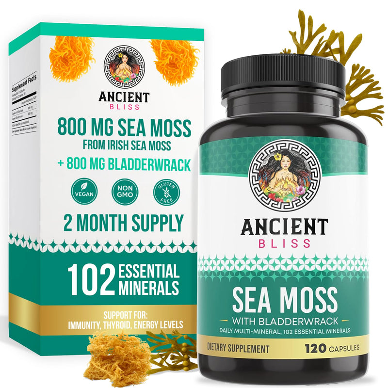Ancient Bliss Organic Irish Sea Moss Pills - Dr Sebi Wildcrafted Seamoss Capsules | Thyroid, Healthy Skin & Gut Support | 120 Capsules