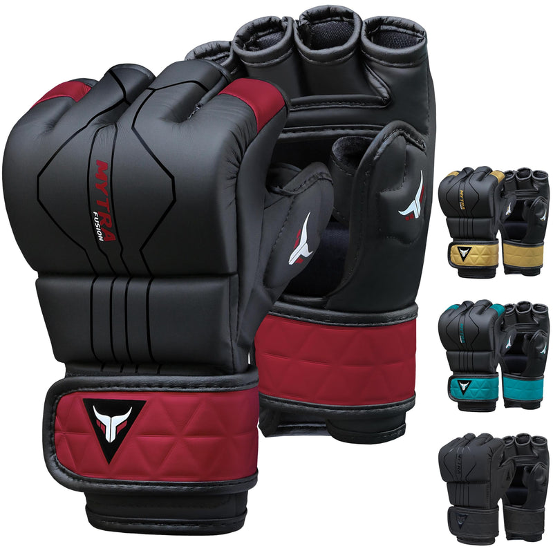 Mytra Fusion MMA Gloves with Open Ventilated Palm Sparring Gloves Kickboxing, Grappling, Training, Cage Fighting Mixed Martial Arts Gloves Black/Maroon Medium