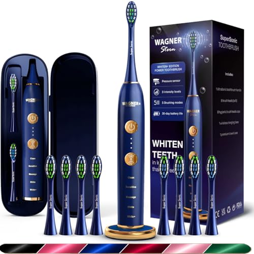 Wagner Stern WHITEN+ Electric Toothbrush, 48,000 VPM, Pressure Sensor, 5 Modes, 8 Brush Heads, Travel Case Royal Blue